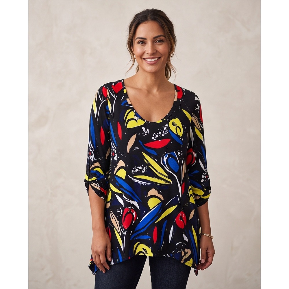 Premise 3X Tunic Top Abstract Floral Ruched Sleeve Sharkbite Hem Black Multi